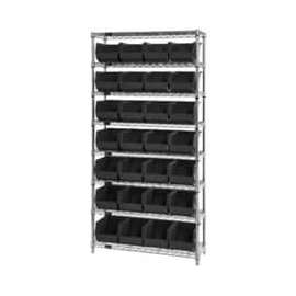 Chrome Wire Shelving w/ 28 Stacking Black Bins, 36"W x 12"D x 74"H, Gray