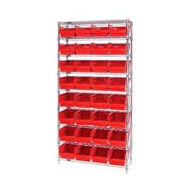 Quantum Storage Systems WR9-207 Chrome Wire Shelving with 32 6"H Plastic Shelf Bins Red, 36x12x74