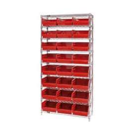 Quantum Storage Systems WR9-209 Chrome Wire Shelving with 24 6"H Plastic Shelf Bins Red, 36x12x74