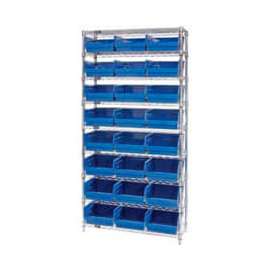 Quantum Storage Systems WR9-209 Chrome Wire Shelving with 24 6"H Plastic Shelf Bins Blue, 36x12x74