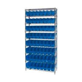 Quantum Storage Systems WR9-203 Chrome Wire Shelving with 64 6"H Plastic Shelf Bins Blue, 36x18x74