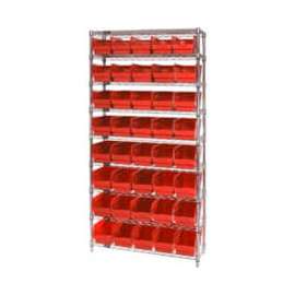 Quantum Storage Systems WR9-204 Chrome Wire Shelving with 40 6"H Plastic Shelf Bins Red, 36x18x74
