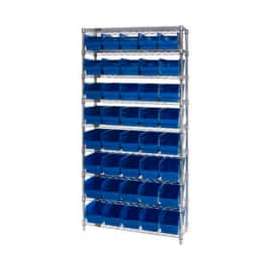 Quantum Storage Systems WR9-206 Chrome Wire Shelving with 40 6"H Plastic Shelf Bins Blue, 36x24x74