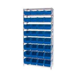 Quantum Storage Systems WR9-214 Chrome Wire Shelving with 32 6"H Plastic Shelf Bins Blue, 36x24x74