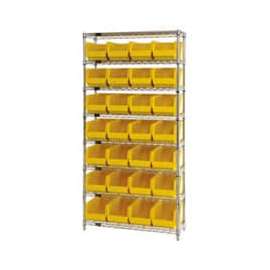 Chrome Wire Shelving w/ 28 Stacking Yellow Bins, 36"W x 14"D x 74"H, Gray