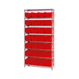 Chrome Wire Shelving w/ 28 Stacking Red Bins, 36"W x 14"D x 74"H, Gray