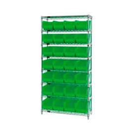 Chrome Wire Shelving w/ 28 Stacking Green Bins, 36"W x 14"D x 74"H, Gray