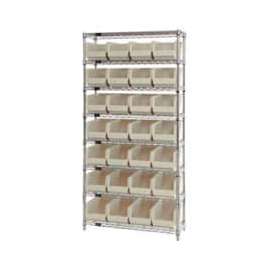 Chrome Wire Shelving w/ 28 Stacking Ivory Bins, 36"W x 14"D x 74"H, Gray