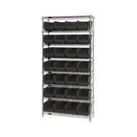 Chrome Wire Shelving w/ 28 Stacking Black Bins, 36"W x 14"D x 74"H, Gray