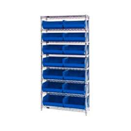 Chrome Wire Shelving With 14 Giant Plastic Stacking Bins Blue, 36x14x74