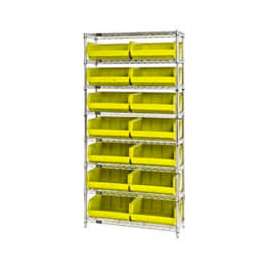 Chrome Wire Shelving With 14 Giant Plastic Stacking Bins Yellow, 36x14x74