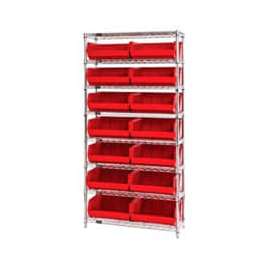 Chrome Wire Shelving With 14 Giant Plastic Stacking Bins Red, 36x14x74