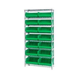 Chrome Wire Shelving With 14 Giant Plastic Stacking Bins Green, 36x14x74