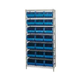 Chrome Wire Shelving With 21 Giant Plastic Stacking Bins Blue, 36x18x74