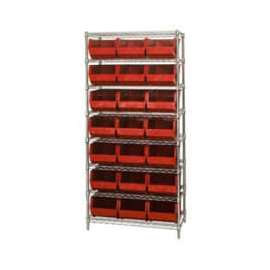 Chrome Wire Shelving With 21 Giant Plastic Stacking Bins Red, 36x18x74