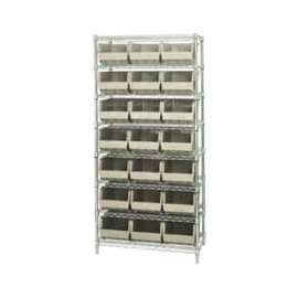 Quantum Storage Systems WR8-255 Chrome Wire Shelving With 21 Giant Plastic Stacking Bins Ivory, 36x18x74