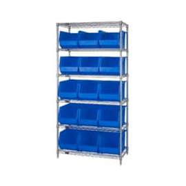 Chrome Wire Shelving With 15 Giant Plastic Stacking Bins Blue, 36x18x74