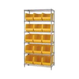 Chrome Wire Shelving With 15 Giant Plastic Stacking Bins Yellow, 36x18x74