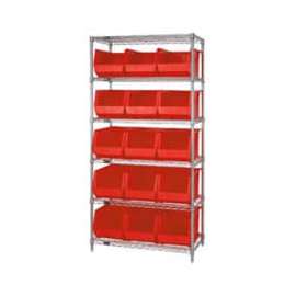 Chrome Wire Shelving With 15 Giant Plastic Stacking Bins Red, 36x18x74