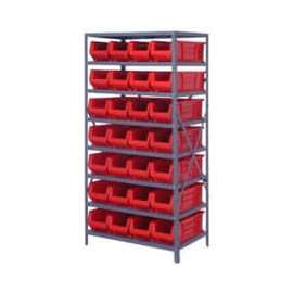 Quantum Storage Systems 2475-950 Steel Shelving with 28 24"D Hulk Hopper Bins Red, 24x36x75