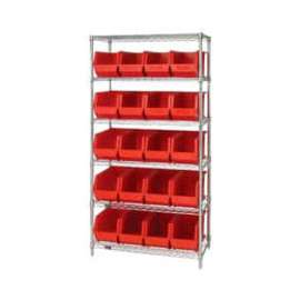 Quantum Storage Systems WR6-265 Chrome Wire Shelving With 20 Giant Plastic Stacking Bins Red, 36x18x74