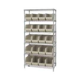 Quantum Storage Systems WR6-265 Chrome Wire Shelving With 20 Giant Plastic Stacking Bins Ivory, 36x18x74