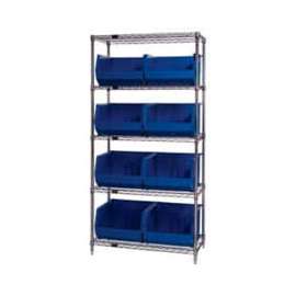 Chrome Wire Shelving With 8 Giant Plastic Stacking Bins Blue, 36x18x74