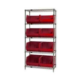 Chrome Wire Shelving With 8 Giant Plastic Stacking Bins Red, 36x18x74