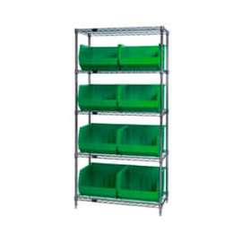Quantum Storage Systems WR5-270 Chrome Wire Shelving With 8 Giant Plastic Stacking Bins Green, 36x18x74