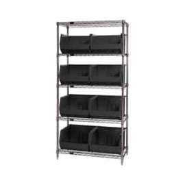 Quantum Storage Systems WR5-270 Chrome Wire Shelving With 8 Giant Plastic Stacking Bins Black, 36x18x74