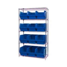 Quantum Storage Systems WR5-533 Chrome Shelving With 12 Magnum Giant Hopper Bins Blue, 18x42x74