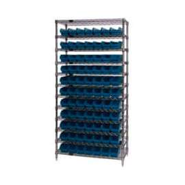 Chrome Wire Shelving with 77 4"H Plastic Shelf Bins Blue, 36x14x74