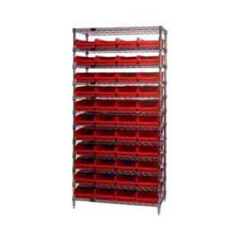 Chrome Wire Shelving with 44 4"H Plastic Shelf Bins Red, 36x14x74