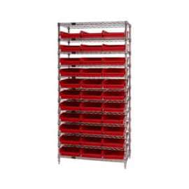 Chrome Wire Shelving with 33 4"H Plastic Shelf Bins Red, 36x14x74