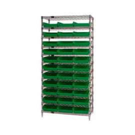 Chrome Wire Shelving with 33 4"H Plastic Shelf Bins Green, 36x14x74