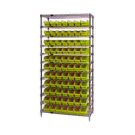 Chrome Wire Shelving with 77 4"H Plastic Shelf Bins Yellow, 36x18x74