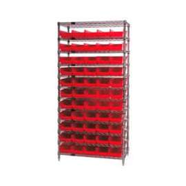 Chrome Wire Shelving with 55 4"H Plastic Shelf Bins Red, 36x18x74