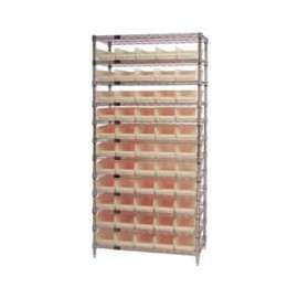Chrome Wire Shelving with 55 4"H Plastic Shelf Bins Stone, 36x18x74