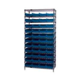 Chrome Wire Shelving with 44 4"H Plastic Shelf Bins Blue, 36x18x74