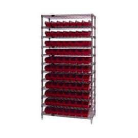 Chrome Wire Shelving with 77 4"H Plastic Shelf Bins Red, 36x24x74