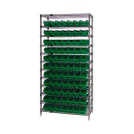 Chrome Wire Shelving with 77 4"H Plastic Shelf Bins Green, 36x24x74