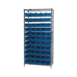 Chrome Wire Shelving with 55 4"H Plastic Shelf Bins Blue, 36x24x74