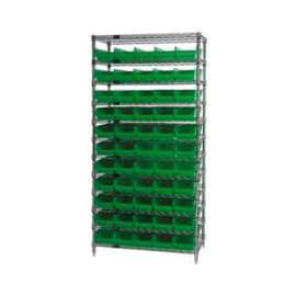 Chrome Wire Shelving with 55 4"H Plastic Shelf Bins Green, 36x24x74