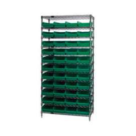 Chrome Wire Shelving with 44 4"H Plastic Shelf Bins Green, 36x24x74
