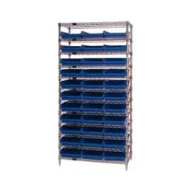 Chrome Wire Shelving with 33 4"H Plastic Shelf Bins Blue, 36x24x74