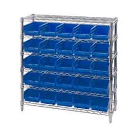 Chrome Wire Shelving with 25 4"H Plastic Shelf Bins Blue, 36x14x36