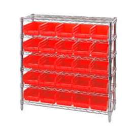 Chrome Wire Shelving with 25 4"H Plastic Shelf Bins Red, 36x14x36