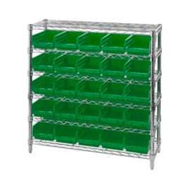 Chrome Wire Shelving with 25 4"H Plastic Shelf Bins Green, 36x14x36