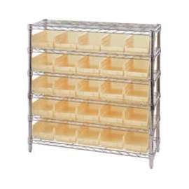 Chrome Wire Shelving with 25 4"H Plastic Shelf Bins Stone, 36x14x36