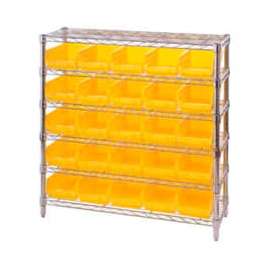 Chrome Wire Shelving with 25 4"H Plastic Shelf Bins Yellow, 36x14x36
